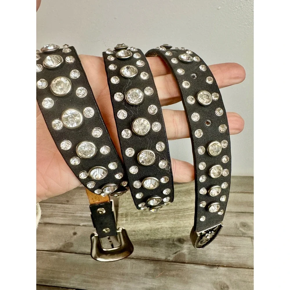 Genuine Black Leather Rhinestone Studded Bling Western Belt Buckle 36